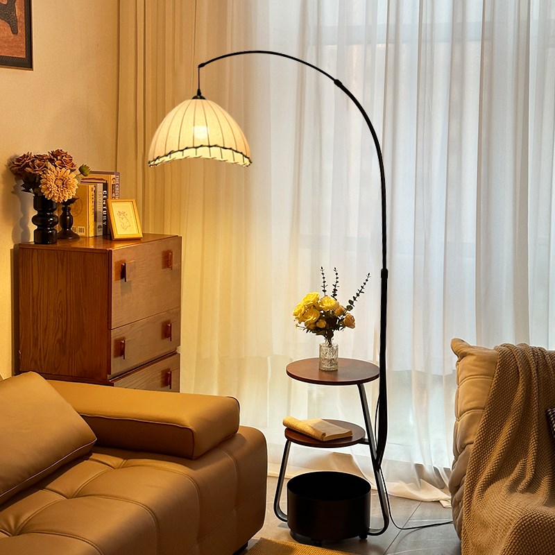 钓鱼灯落地灯客厅沙发置物茶几一体卧G室中古高级侘寂复古落地台