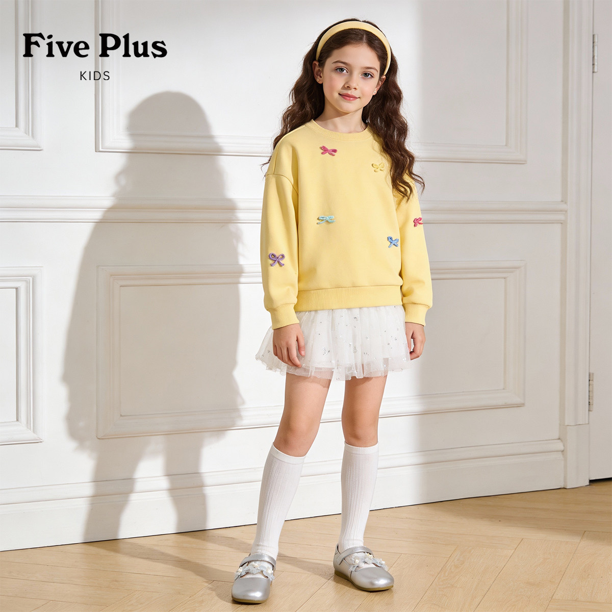 Five Plus女童黄色卫衣2026新款童装女孩长袖薄款儿童蝴蝶结春装