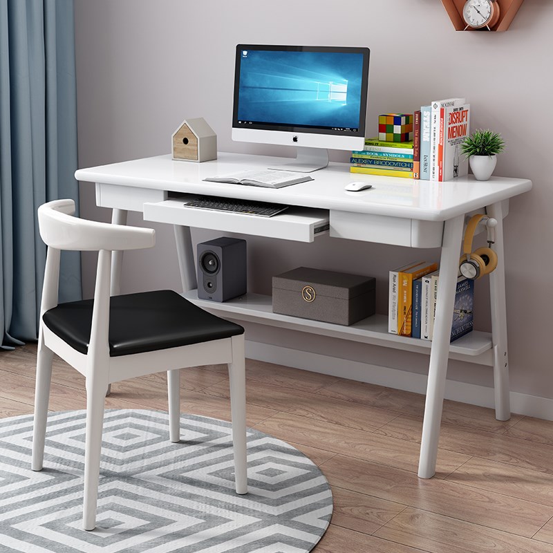 北欧实木书桌简约台式电脑桌带抽屉家用办公桌带键盘托卧室写字桌