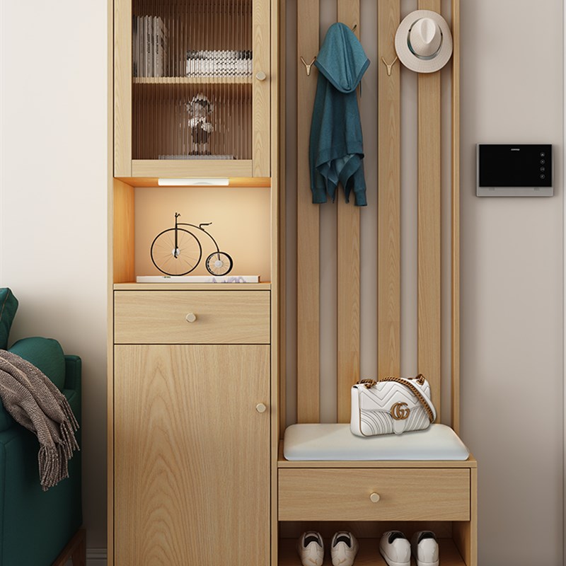 鞋柜可坐式挂衣架一体家用门口玄关柜换鞋凳原木色屏风客厅隔断柜