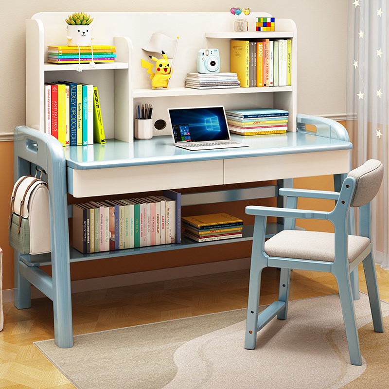 可升降儿童学习桌带书架实木书桌家用简易学生写字桌子北欧课桌椅