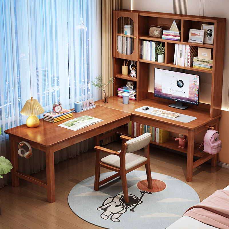 实木L型书桌书架组合儿童学习桌家用中学生书桌书房转角电脑桌