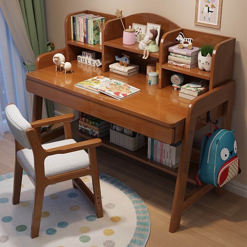实木儿童学习桌家用可升降台式电脑桌简约书桌书架一体学生写字桌