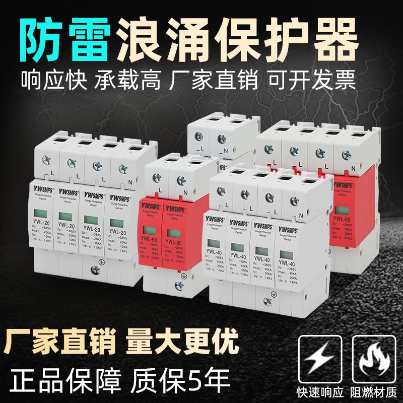 防雷浪涌保护器2P避雷4P一级20/40/60KA电涌抗雷三相380V单相220V