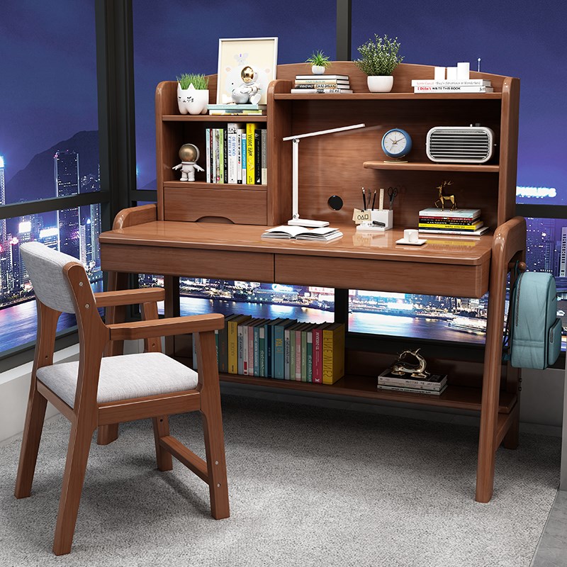 儿童书桌家用中小学生实木写字桌带书架一体桌卧室课桌简约学习桌