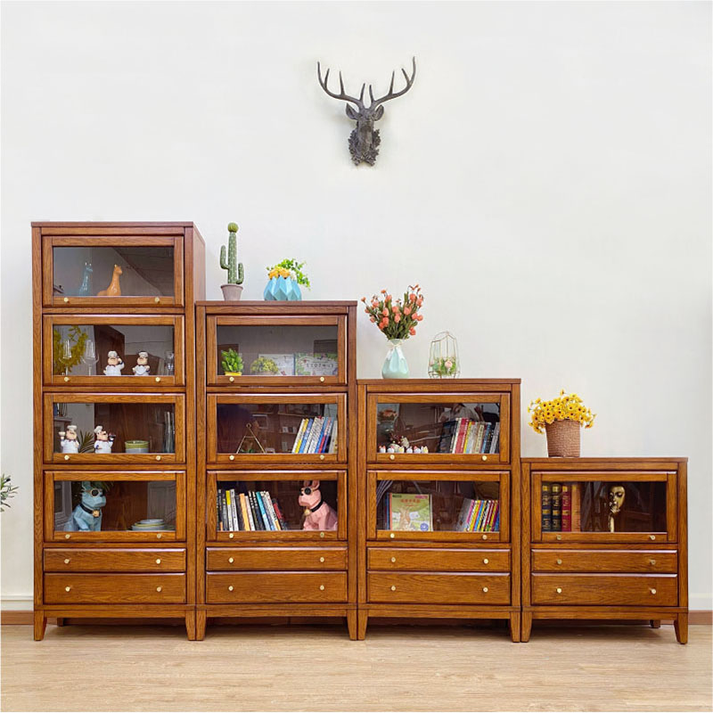 美式实木矮书柜书架置物架储物柜落地收纳柜子组合儿童书橱带抽屉