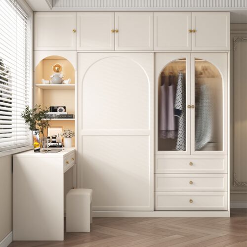 奶油风新款卧室家用小户型转角电脑桌衣柜推拉门连体书桌柜组合