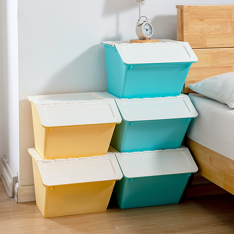 塑料翻盖收纳箱大号可叠加斜口儿童玩具零食杂物收纳筐储物整理箱