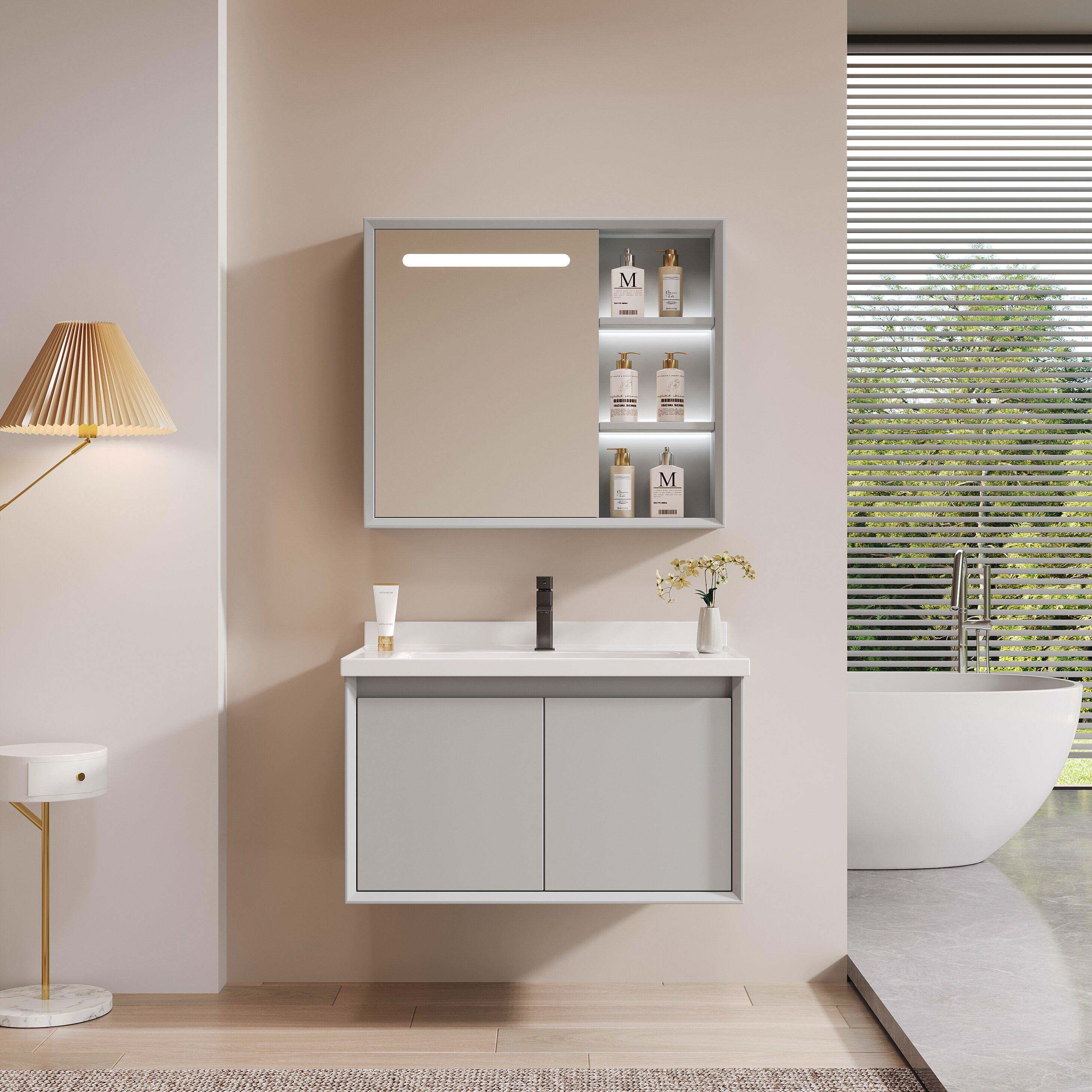 橡木烤漆浴室柜镜柜化妆室挂墙陶瓷一体盆洗漱台洗脸洗手盆柜组合