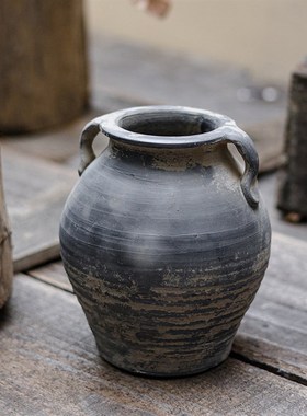 掬涵黑陶复古花瓶粗陶简约艺术客厅桌面陶瓷摆件冬青干花装饰插花