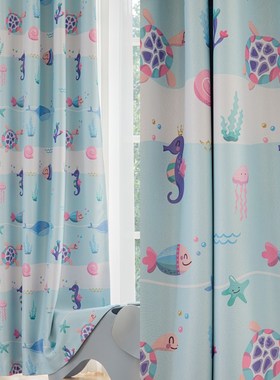 儿童全遮光印花数码加厚成品窗帘卡通飘窗轨道挂钩定制蓝色鱼布帘