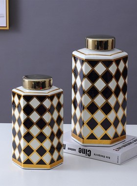 陶瓷六角瓶黑白格陶瓷罐储蓄罐现代简约陶瓷花瓶玄关家居办公摆件