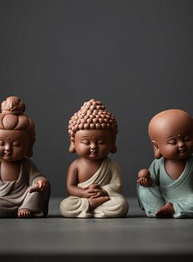 紫砂如来佛禅意摆件中式家居婆娑三圣佛像观音地藏王茶桌装饰