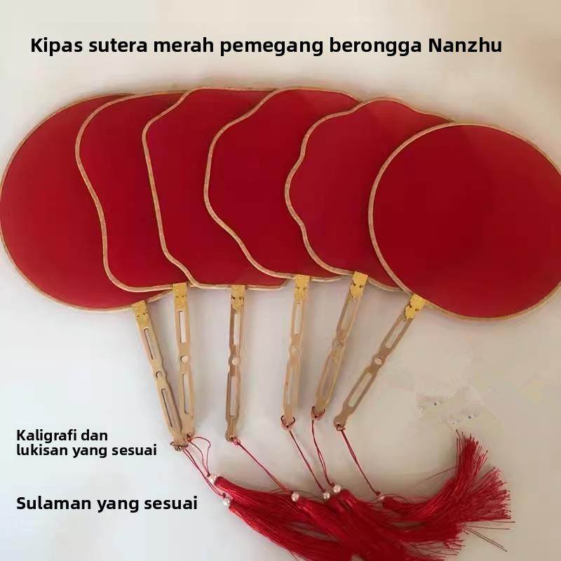 新品苏州传统老工艺红色真丝宫扇 空白熟绢丝面团扇镂空手柄宫扇