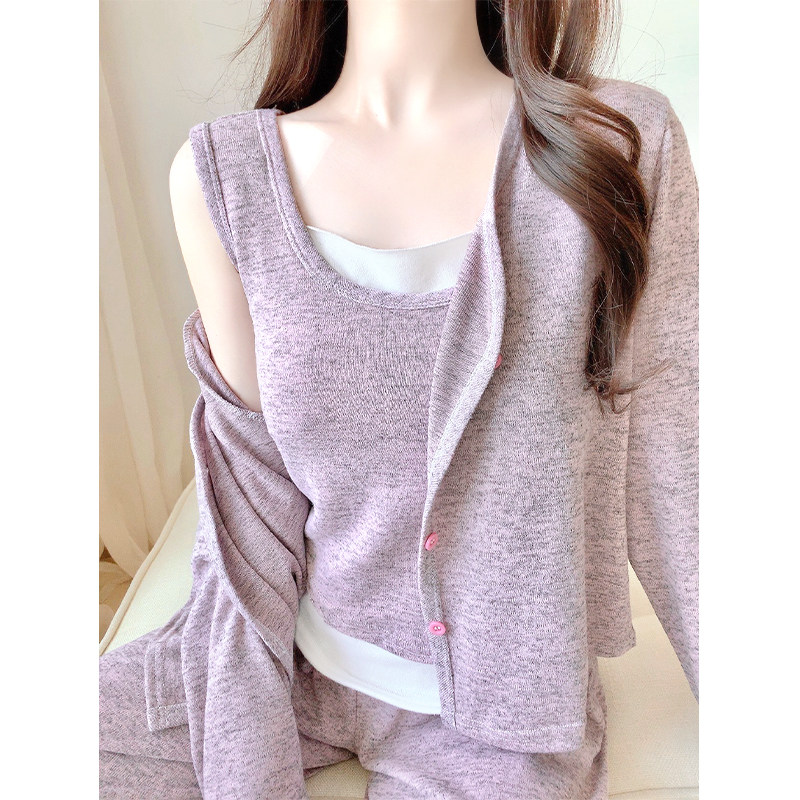 纯色睡衣女款春秋季2025年新款带胸垫一体三件套休闲家居服可外穿