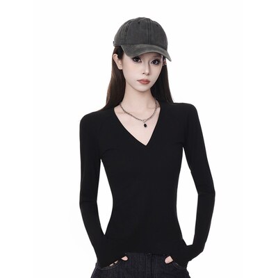黑色v领长袖t恤女2025秋新款修身收腰显瘦针织衫内搭打底上衣
