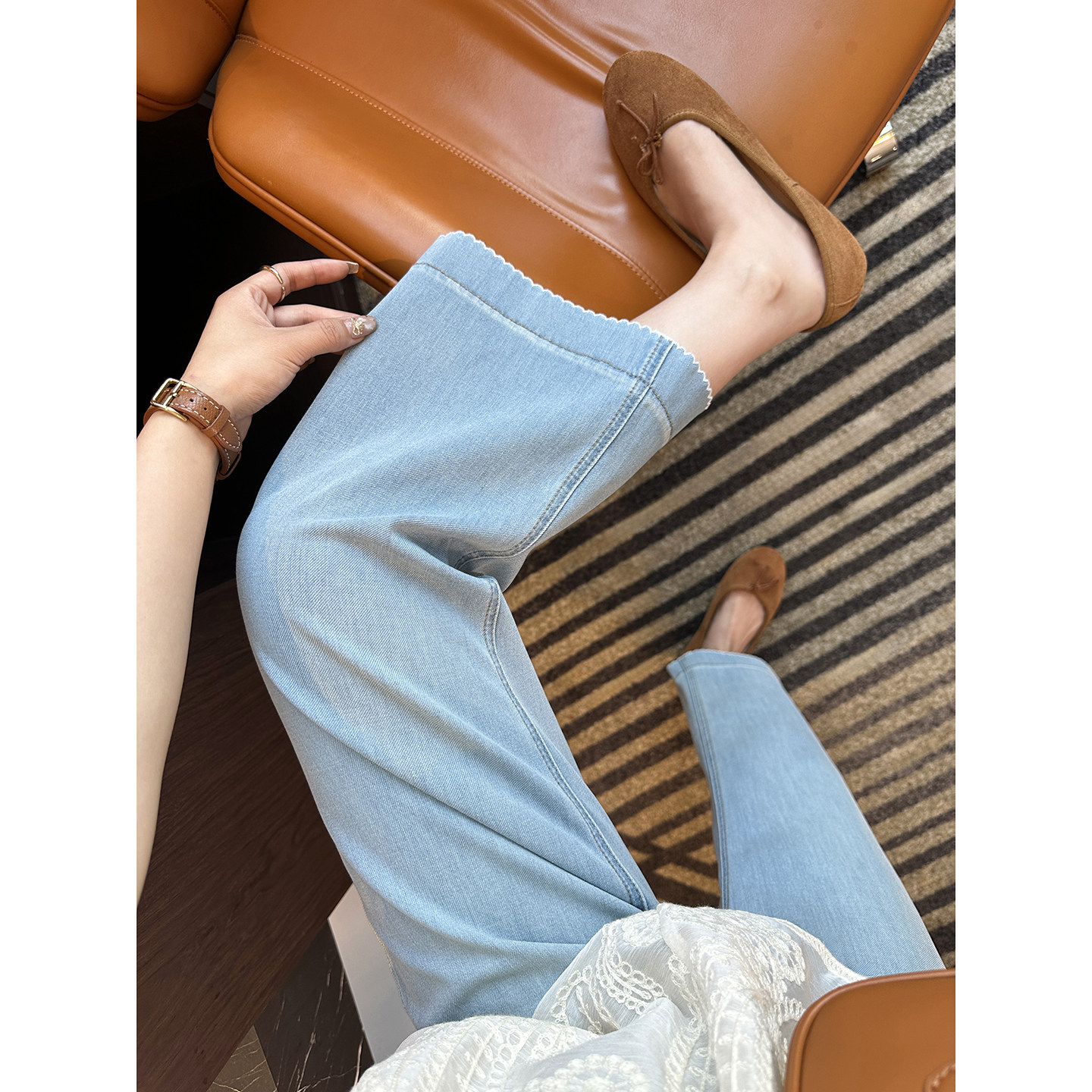 神级裤型~！设计感花边牛仔裤女夏薄款浅蓝色九分宽松阔腿奶奶裤