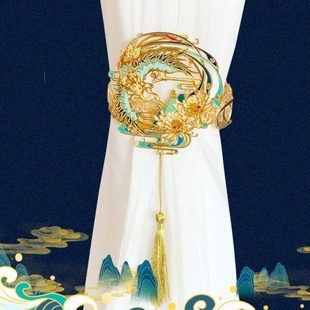 复古国潮风窗帘绑带合金仙鹤折扇流苏窗帘收纳软装 新中式 饰窗帘扣