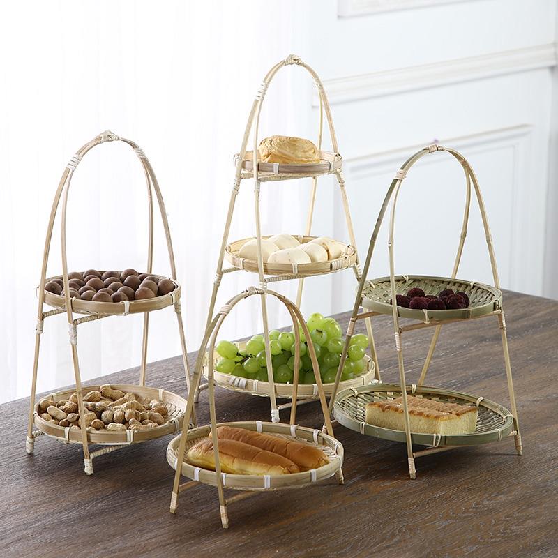 纯手工竹编织品 提篮 多层家用收纳筐 桌面水果篮 竹篮茶点盘托