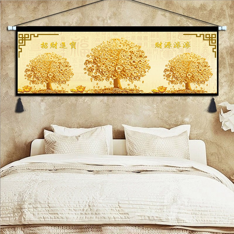 中式招财进宝挂画布艺客厅书房装饰画中国风发财树挂毯床头大挂布图片