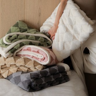 温暖宅家简约菱格兔毛绒盖毯珊瑚绒法莱绒沙发毯办公室披肩毯子