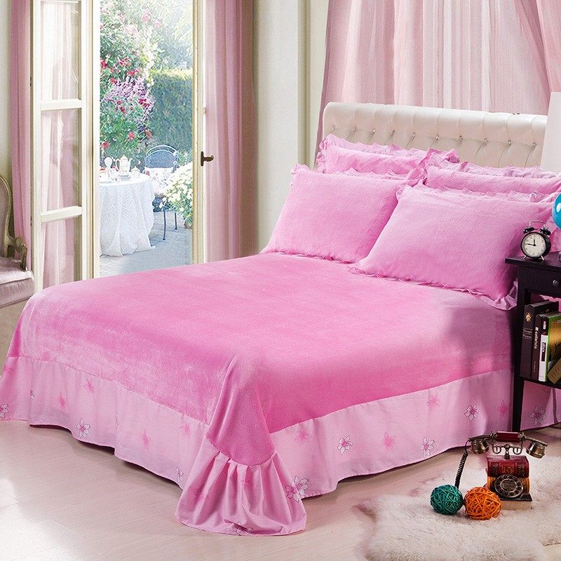 韩版花边法莱绒床单单件床上用品法兰绒单双人珊瑚绒床单纤嘉坊