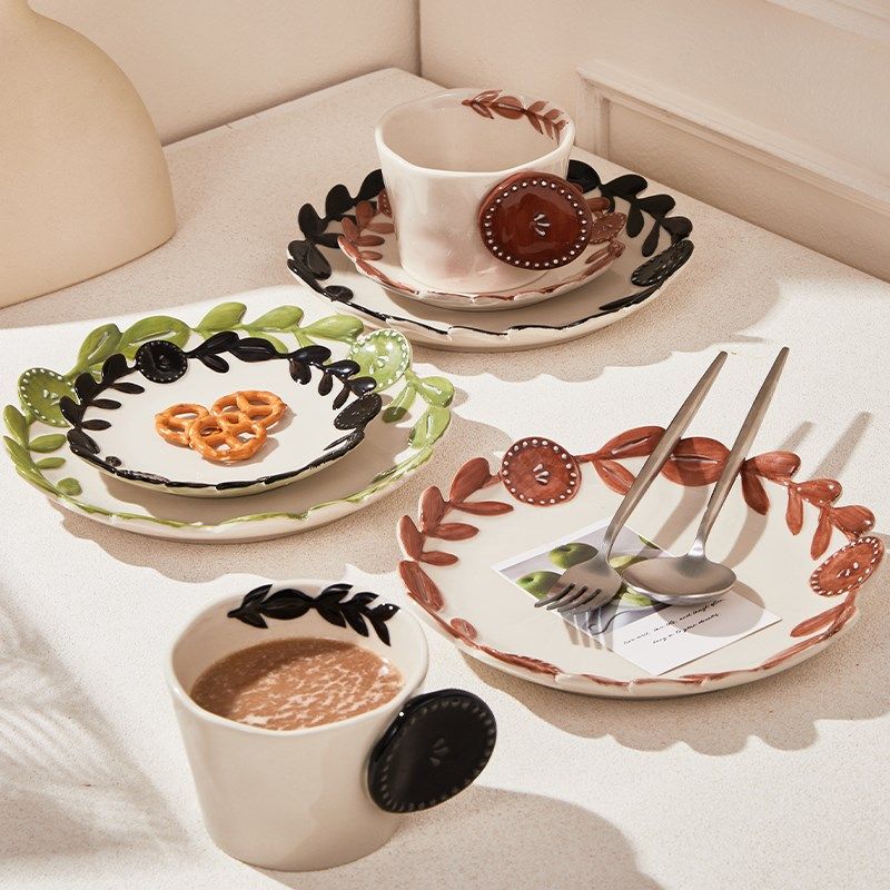 复古纽扣花滕釉下彩手绘陶瓷咖啡杯碟拿铁拉花杯下午茶杯甜品盘子