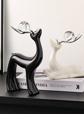 意式极简黑白福鹿陶瓷摆件家居客厅电视酒柜样板房软装创意装饰