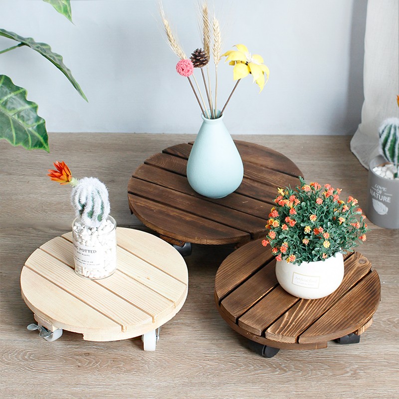 定制圆形花盆底座滚轮花托盘万向轮可移动托架带轮实木质拖盘滑轮