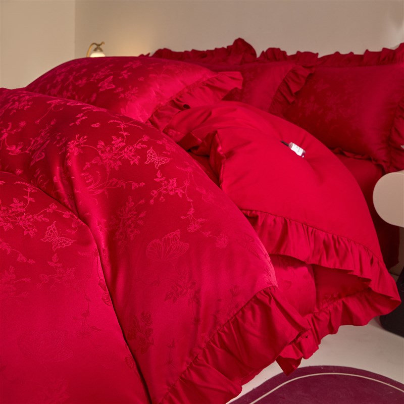 提花结婚四件套新婚庆红色被套床单简约喜被婚T房陪嫁床上用品