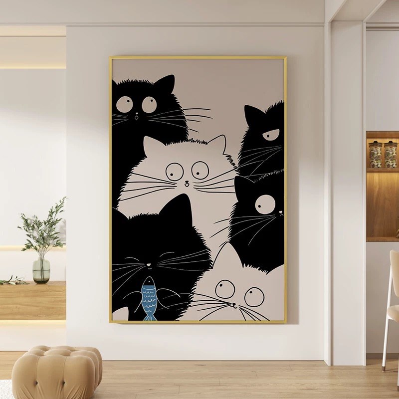 简约现代客d厅沙发背景墙装饰画时尚卡通猫咪挂画竖版玄关卧室壁图片