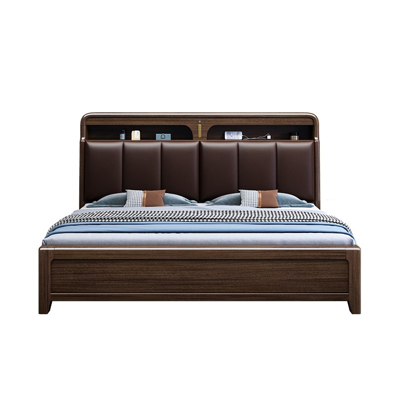 侧开储物床胡桃木实木床1米t8大床现代简约2025新款卧室高箱储物
