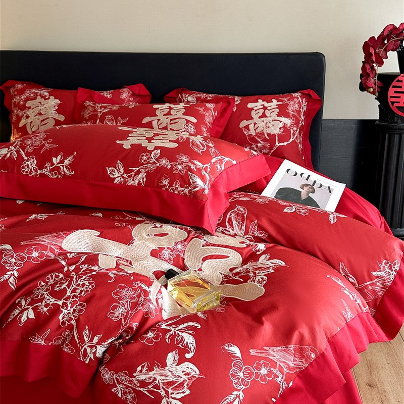浪漫婚庆100支床单四件套红色被套新婚O喜被结婚床上用品4