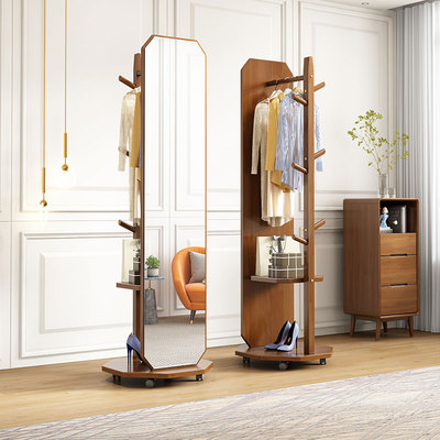 实木挂衣架落地衣帽架创意带镜子卧室现代家用穿衣镜多功能衣服架
