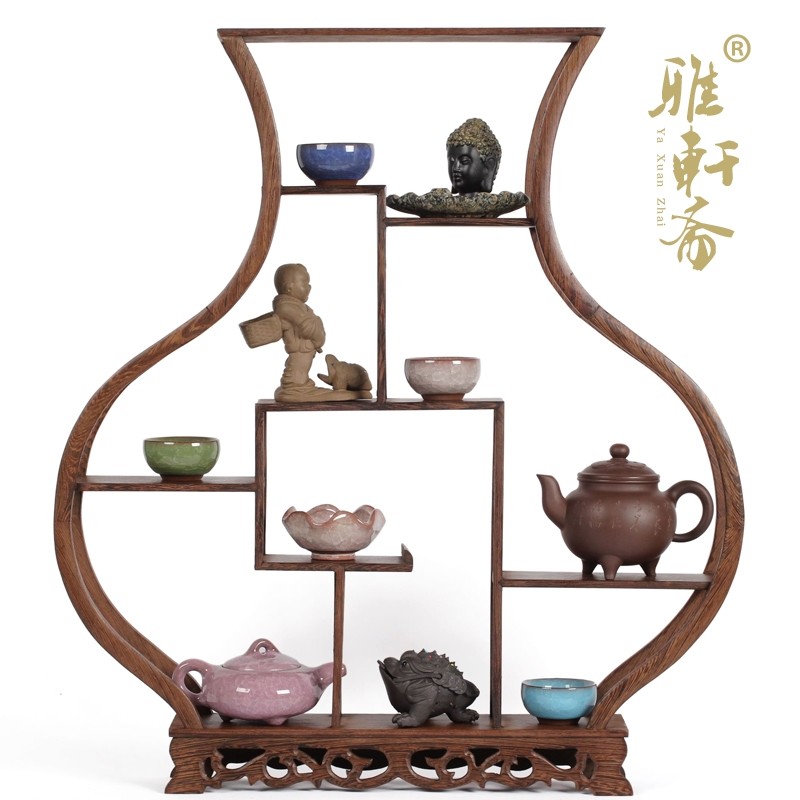 实木酒瓶博古架65cm 鸡翅木中式多宝格置物架紫砂茶壶小展示架子