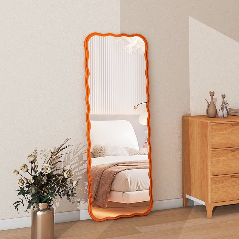 橙色复古方形多巴胺全身镜艺术落地镜简约穿衣镜家用试衣镜卧室