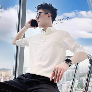 高级感冰丝衬衫男短袖潮牌痞帅七分袖衬衣男款2024新款夏季半截袖