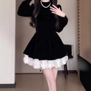韩系设计感丝绒小黑裙气质收腰显瘦撞色公主裙拼接连衣裙A字短裙
