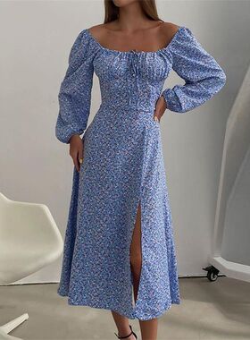 法式红色碎花连衣裙女夏2024新款方领开叉收腰高级感气质雪纺长裙