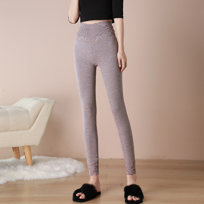 女士秋裤护膝贴片蕾丝花边无骨冬季打底裤高腰弹力贴身修身保暖裤