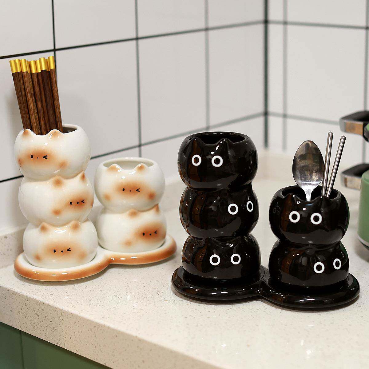可爱暹罗猫陶瓷筷子筒家用厨房台面沥水收纳筒高颜值筷勺收纳桶