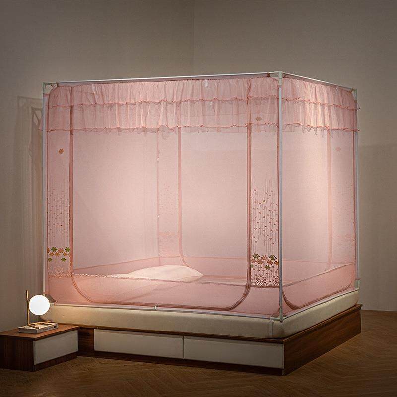 #新款蕾丝花边坐床蚊帐家用方形拉链三开门卧室坐床加高四方顶