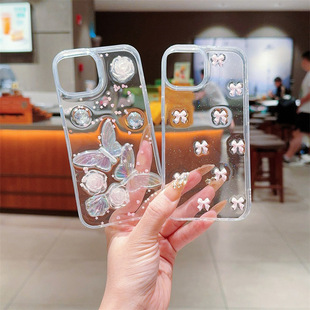 樱花粉蝴蝶领结手机壳适用iPhone16promax闪粉透明14pro苹果15plus女款13少女心新款滴胶12高级感ins风保护套