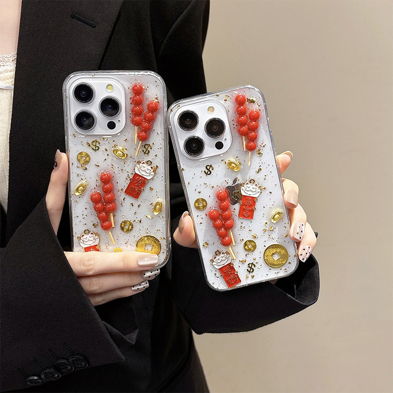 2025新年冰糖葫芦金箔手机壳适用苹果17promax新年款iPhone16pro金币15plus红包蛇年15女款12招财猫元宝发财