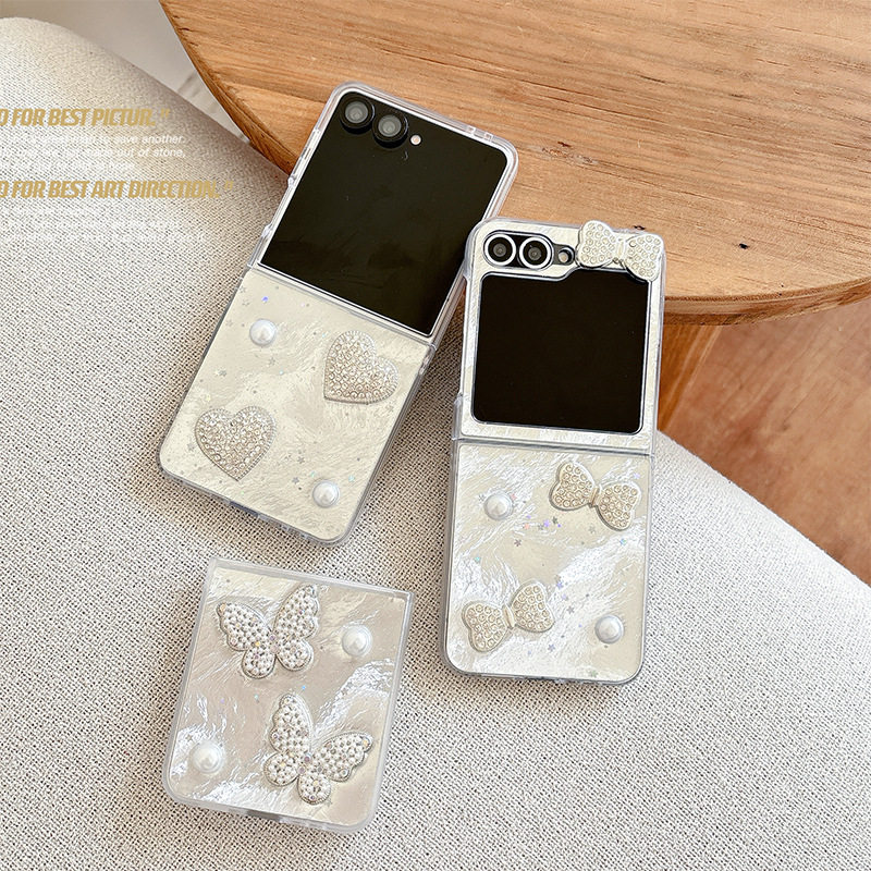 珍珠爱心领结蝴蝶手机壳适用三星zflip6翻盖折叠flip7时尚w24flip高级感女款时尚硬壳滴胶银灰色保护套zflip5