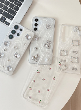 适用三星S23ultra水钻蝴蝶结手机壳S25领结KT猫S24plus透明闪粉樱桃S26女新款时尚小清新保护套防摔滴胶小众