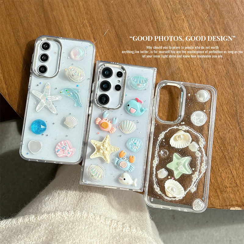 适用三星S25手机壳立体好看海洋螃蟹小鱼S24ultra小众透明细闪粉亮片S26FE小清新保护套女款时尚明星同款网红