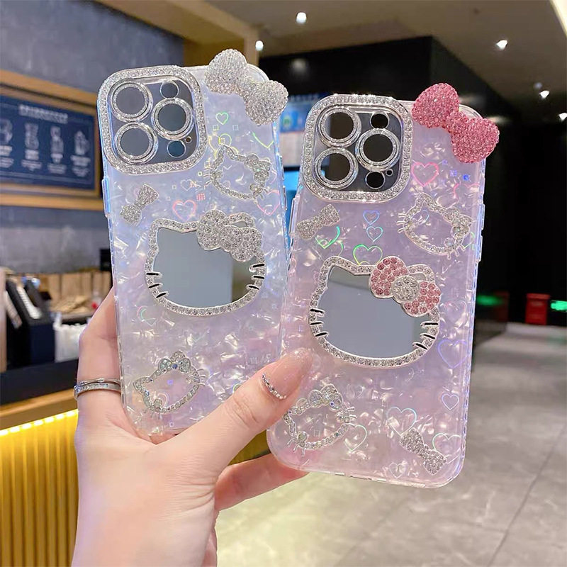 创意猫咪玻璃镜子领结适用苹果17promax蝴蝶结镜子KT猫iPhone16水钻奢华15plus创意14全包防摔女新款时尚潮流