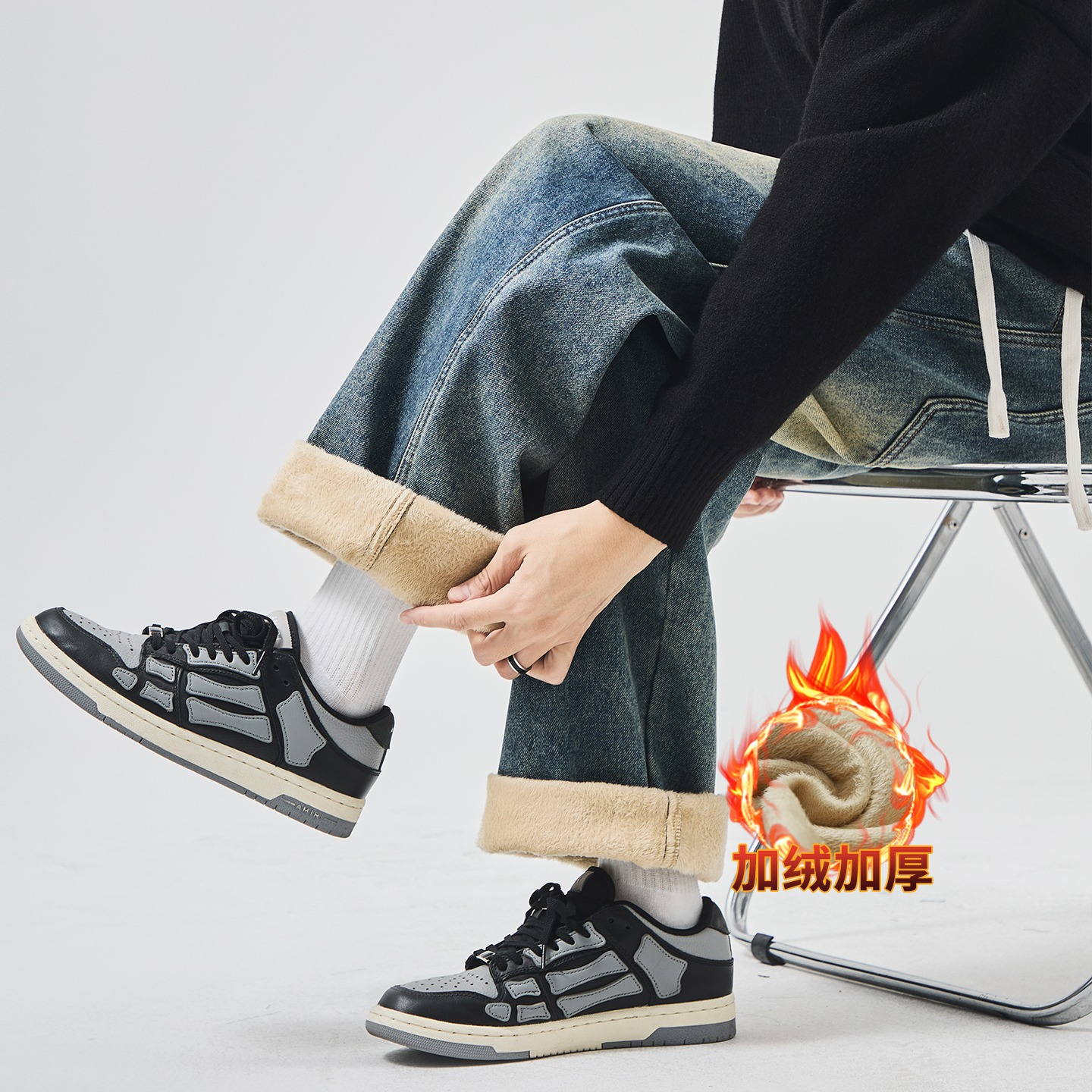 美式vibe加绒水洗牛仔裤男冬季加厚宽松直筒休闲高街阔腿长裤秋冬