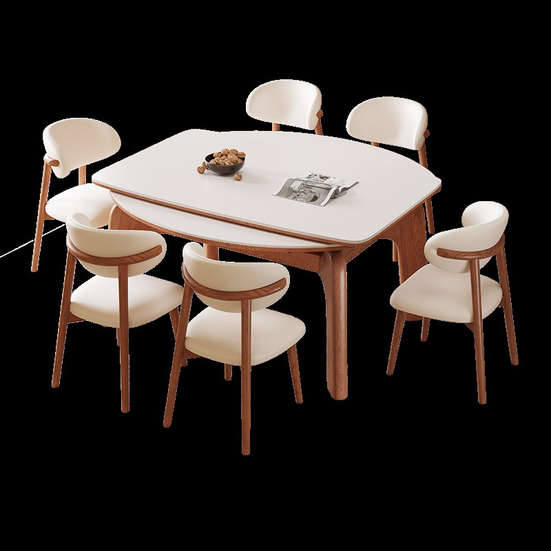 中古风大象腿可伸缩岩板圆餐桌原实木复古折叠圆形饭桌家用小户型